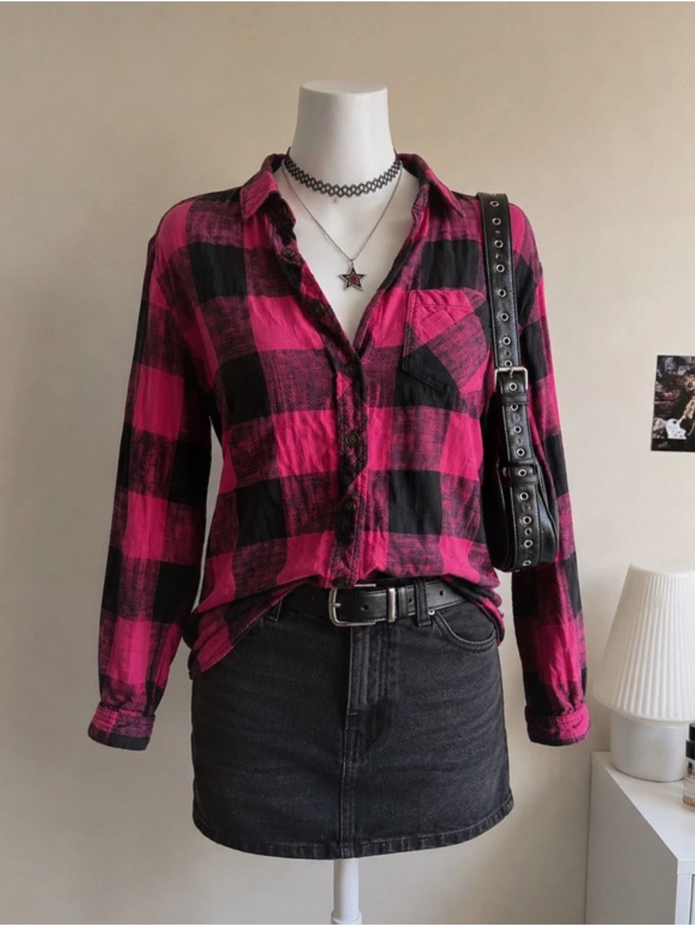 Maurices Pink and Black Plaid Button-Down Shirt